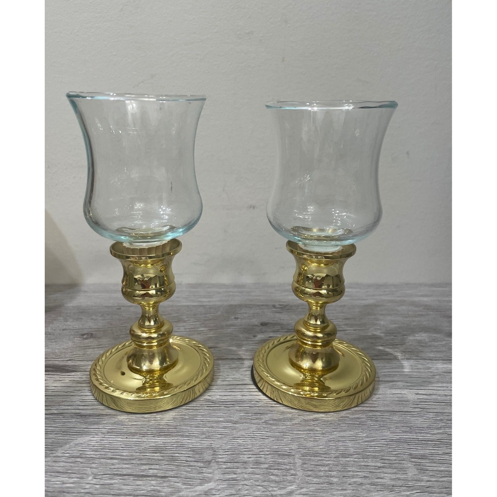 Baldwin Brass Candlestick Holders with Glass Hurricane Shades Set of 2 Gold